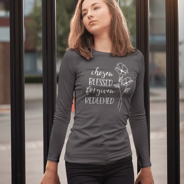 Christelijk longsleeve shirt - 11 kleuren - Chosen Blessed Forgiven Redeemed