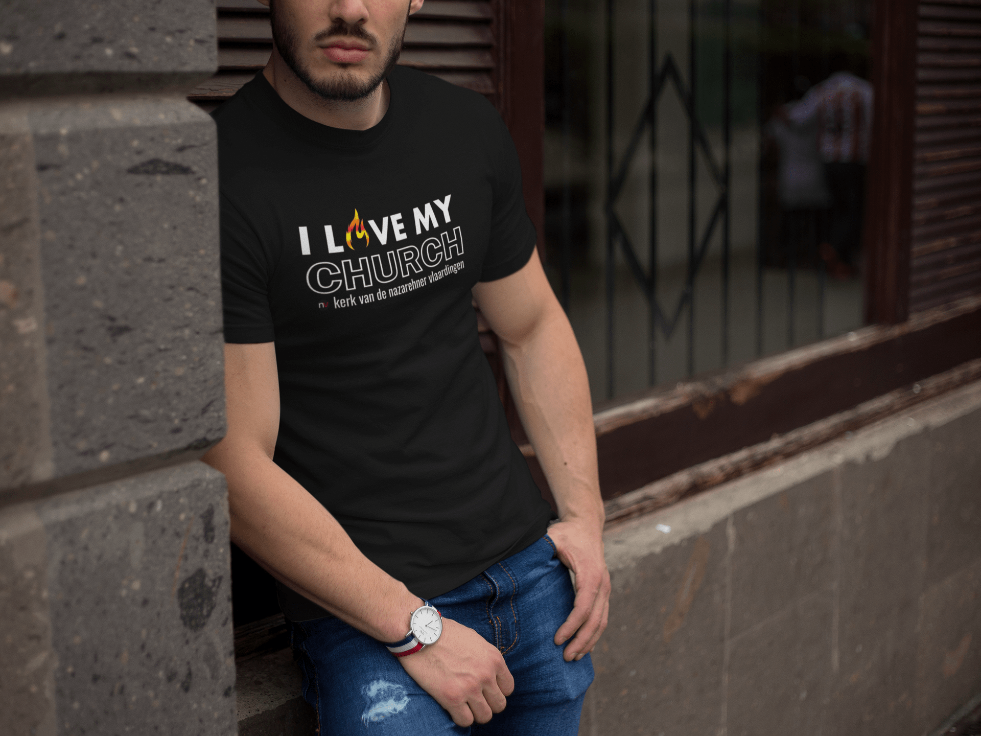 I love my chrurch (kerk logo of naam mogelijk!) - Christelijk heren T-shirt