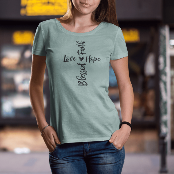 Faith, Love, Hope, Blessed - Christelijk bio katoen ruime hals T-Shirt