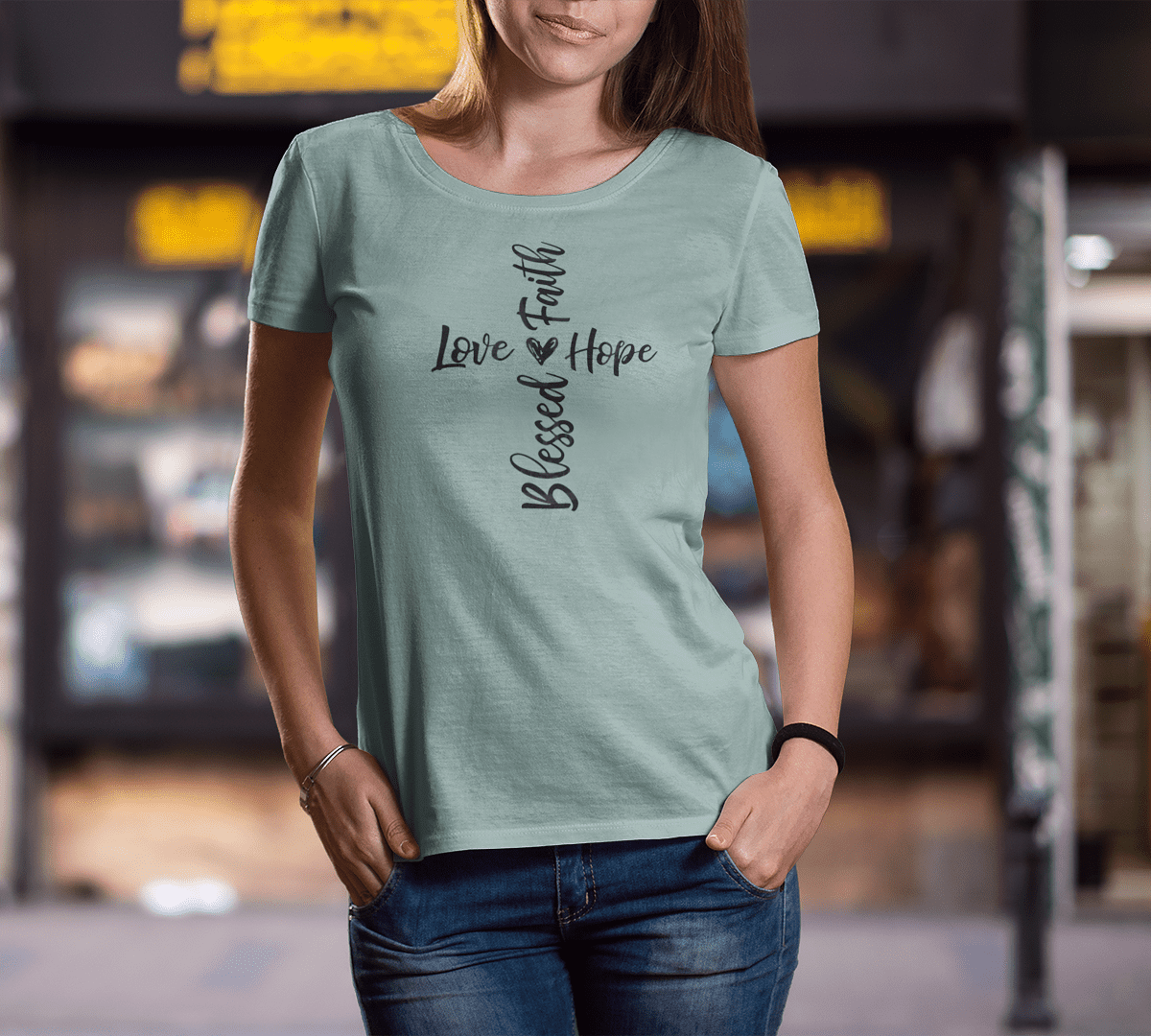 Faith, Love, Hope, Blessed - Christelijk bio katoen ruime hals T-Shirt