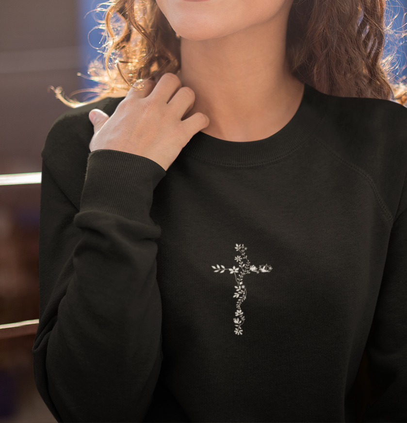 Christelijke Dames sweater - flower cross minimalistic- 20 kleuren