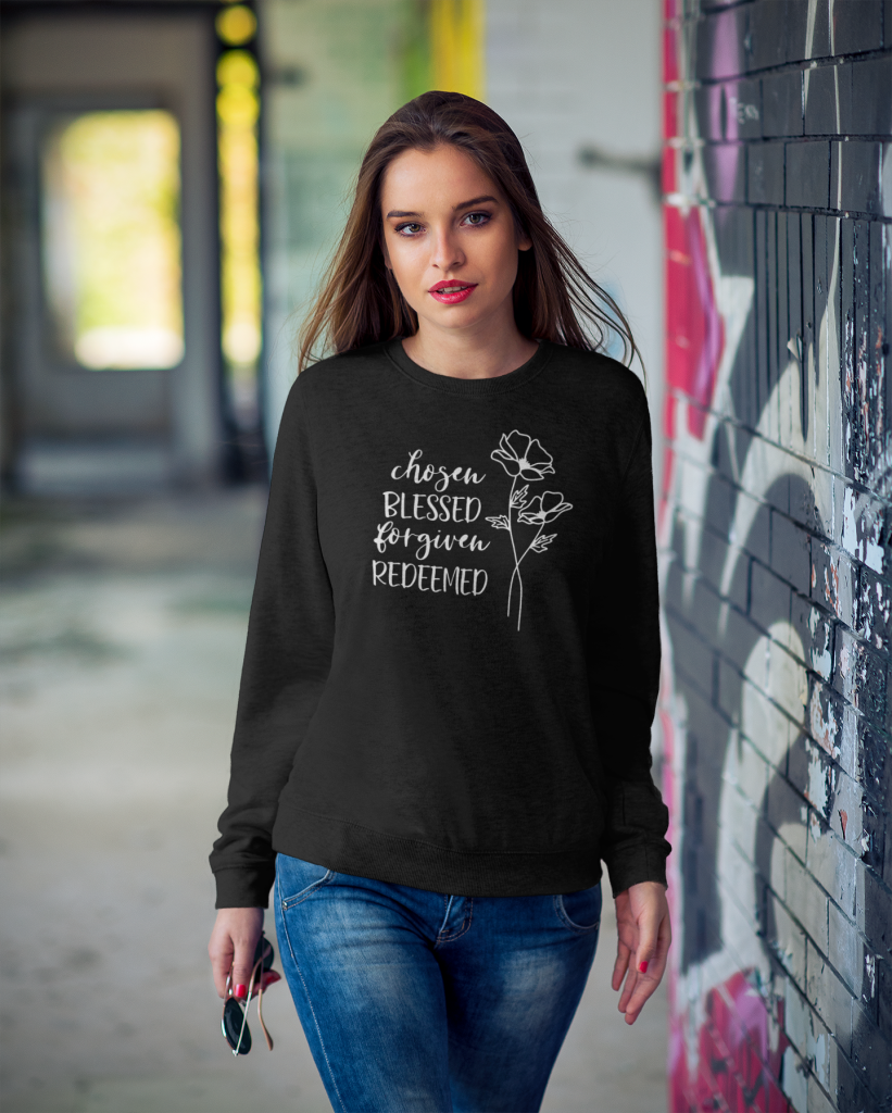 Christelijke Dames sweater - chosen blessed forgiven redeemed - 20 kleuren