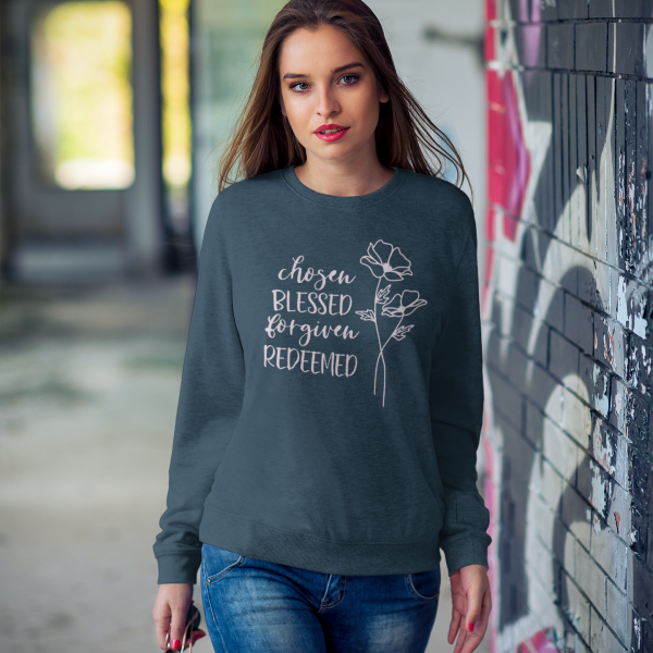 Christelijke Dames sweater - chosen blessed forgiven redeemed - 20 kleuren