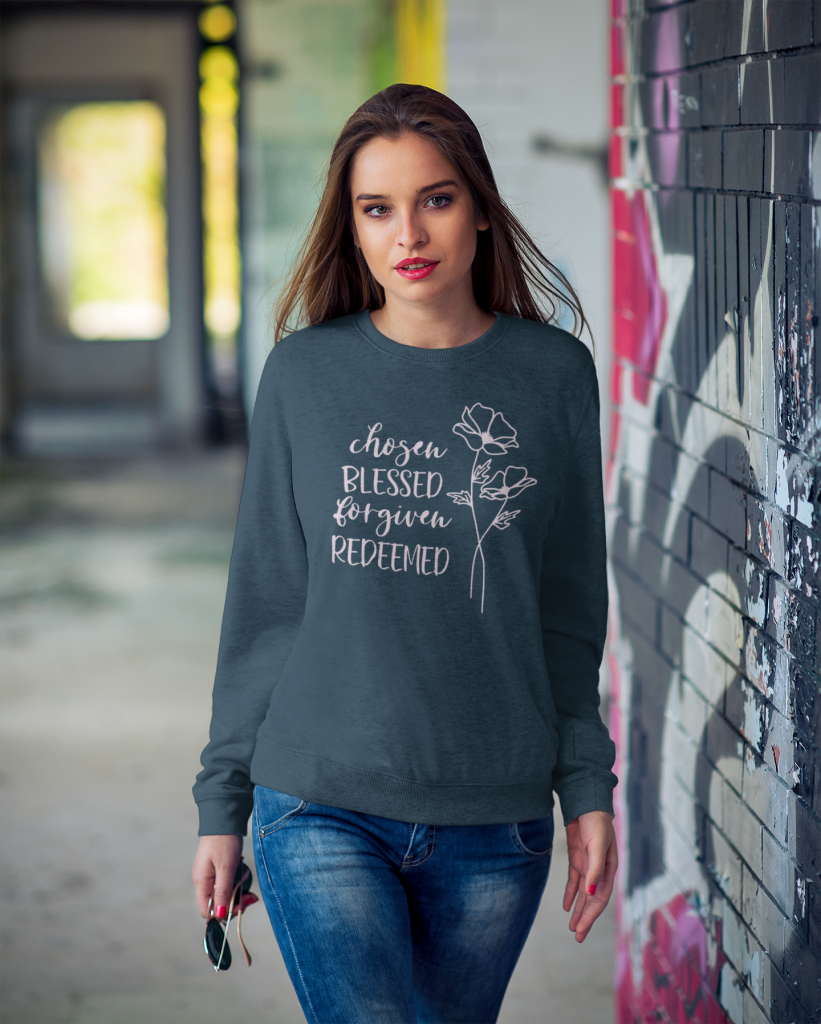 Christelijke Dames sweater - chosen blessed forgiven redeemed - 20 kleuren